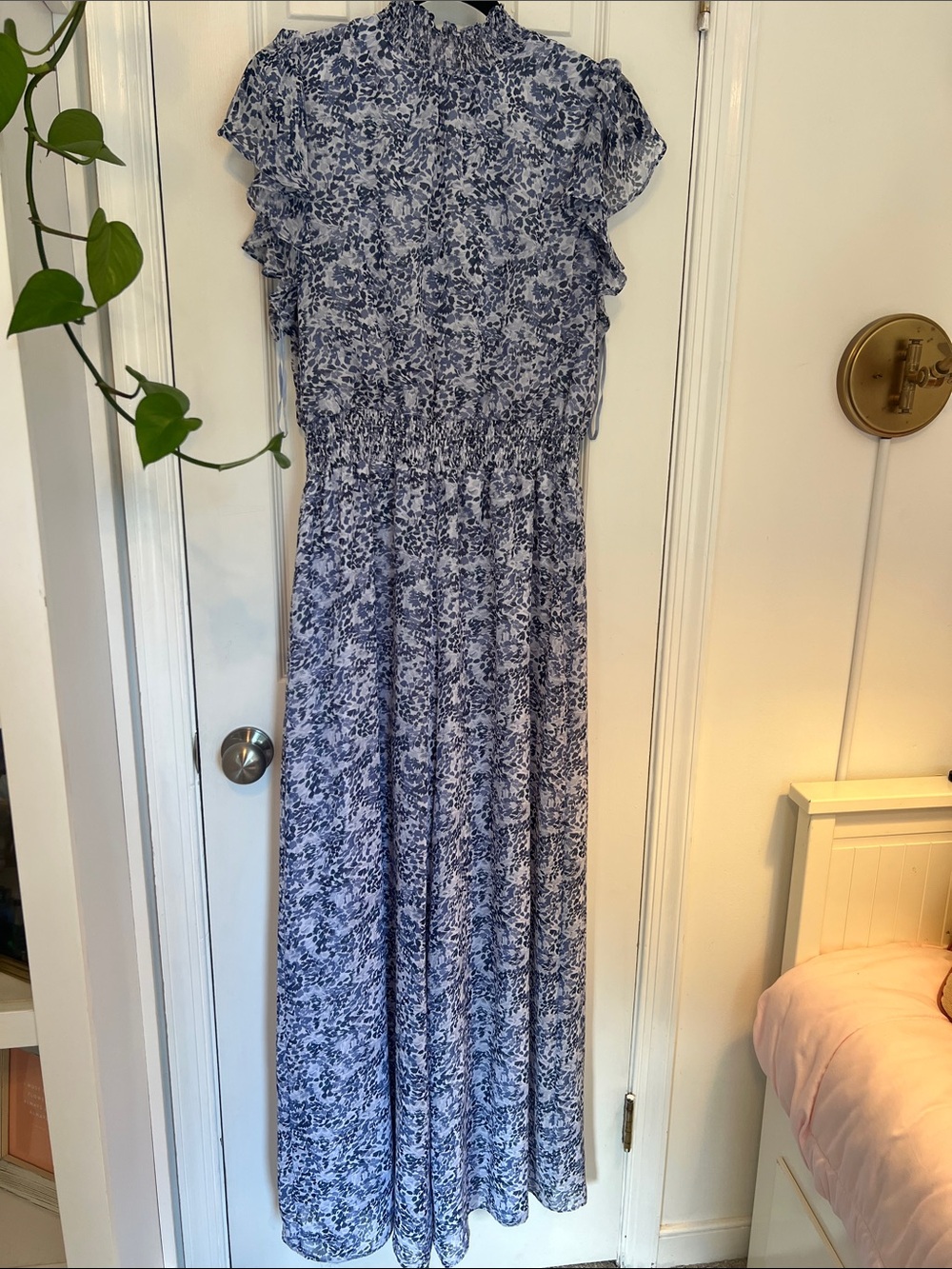 Blue Floral Smocked-Waist Jumpsuit with Ruffle Sleeves